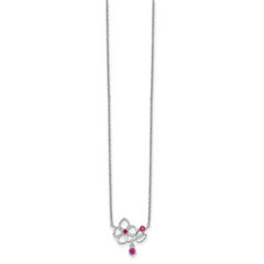 Sterling Silver Rhodium-plated Pink CZ Flower With 2in. Ext. Necklace