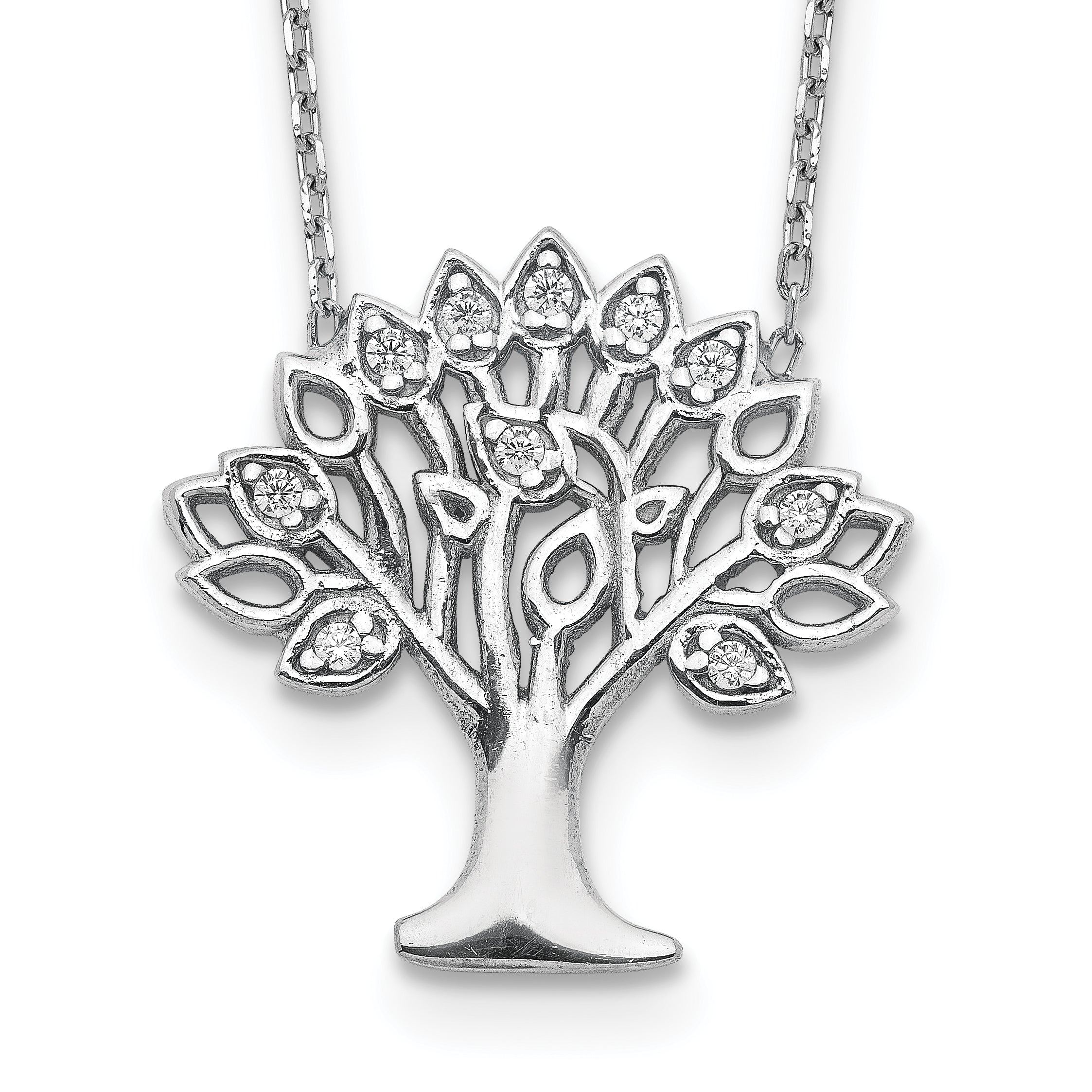 Sterling Silver Rhodium-plated CZ Tree With 2in ext. Necklace