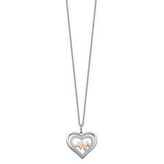 Sterling Silver RH-plated Rose-tone CZ Heartbeat With 2in ext Necklace