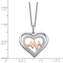 Sterling Silver RH-plated Rose-tone CZ Heartbeat With 2in ext Necklace