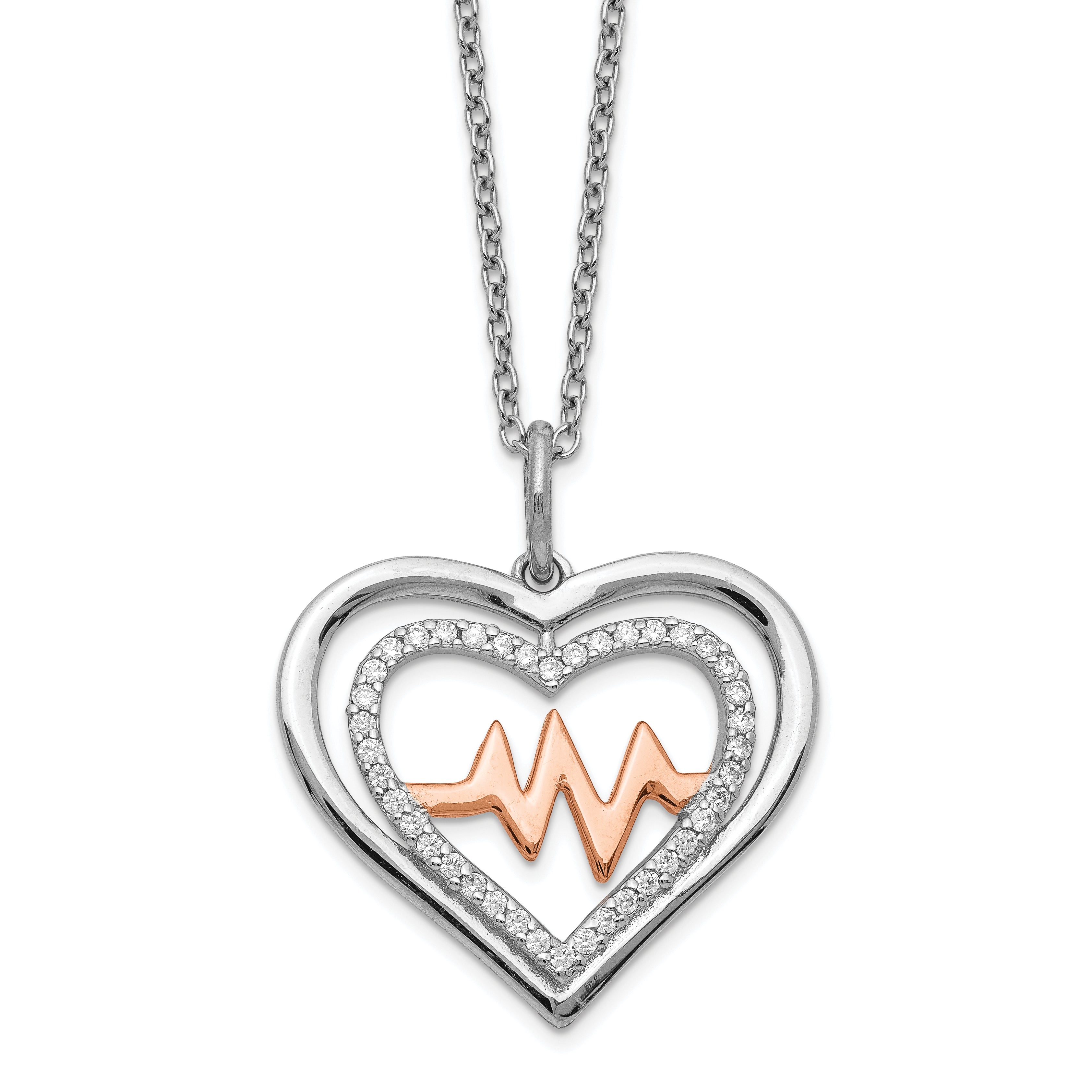 Sterling Silver RH-plated Rose-tone CZ Heartbeat With 2in ext Necklace