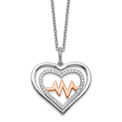 Sterling Silver RH-plated Rose-tone CZ Heartbeat With 2in ext Necklace