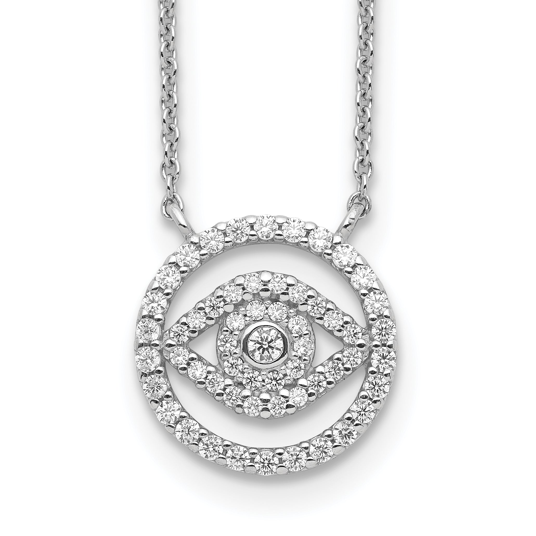 Sterling Silver Rhodium Plated CZ Evil Eye Necklace With 2in ext.