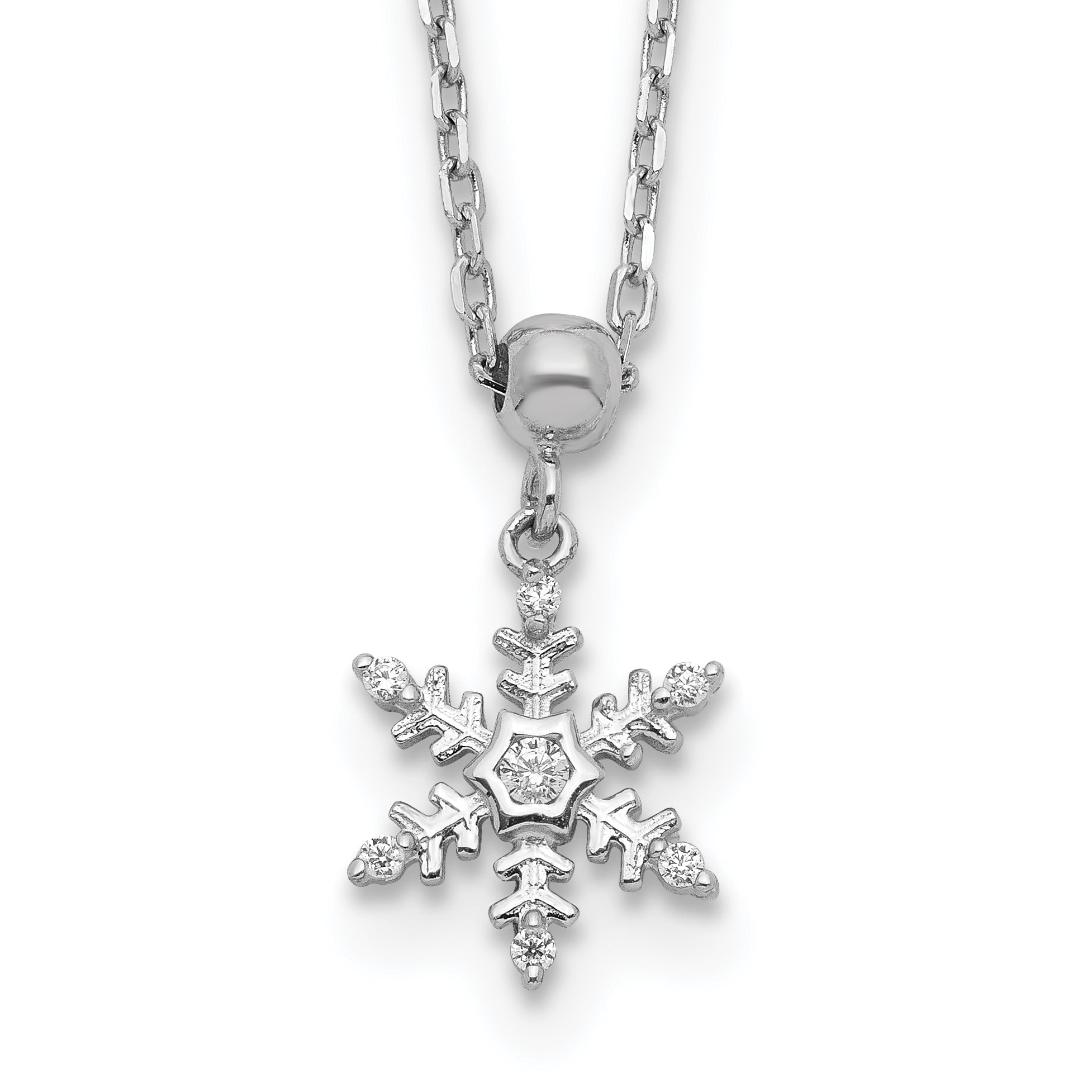 Sterling Silver RH-plated Polished CZ Snowflake With 2in Ext. Necklace