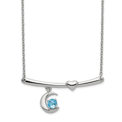 Sterling Silver Rhod-plat Swiss Blue Topaz Moon With 2.25in ext Necklace