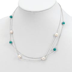 Sterling Silver Rhod-plated Turquoise/FWC Pearl With 2 in ext Necklace