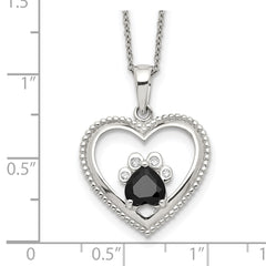 Sterling Silver Black and White CZ Heart with Paw Print 18 inch Necklace