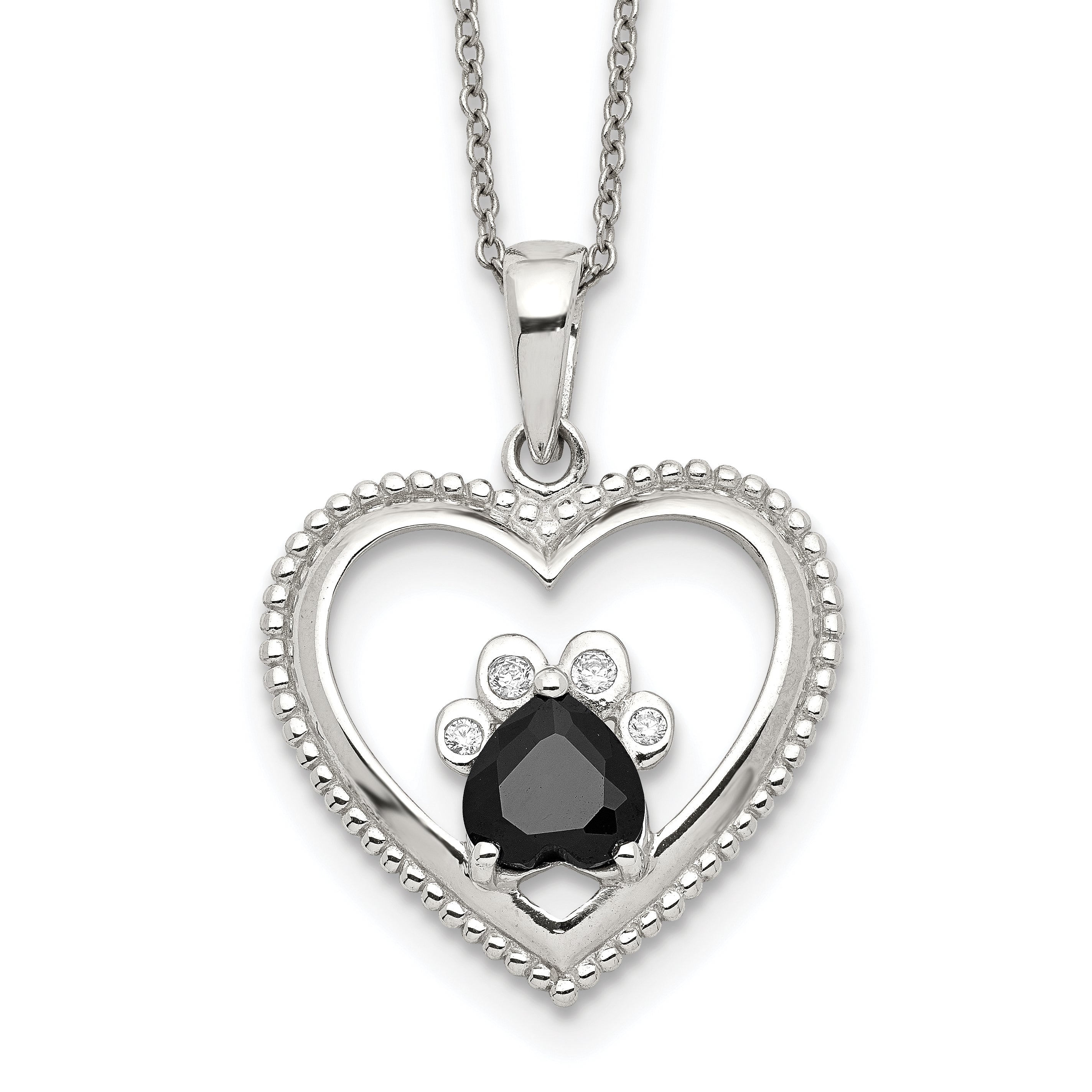 Sterling Silver Black and White CZ Heart with Paw Print 18 inch Necklace