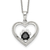 Sterling Silver Black and White CZ Heart with Paw Print 18 inch Necklace