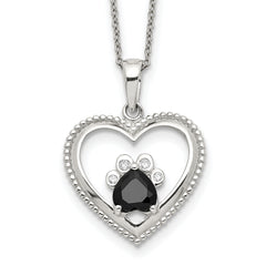 Sterling Silver Black and White CZ Heart with Paw Print 18 inch Necklace