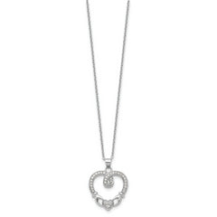 Sterling Silver Rhod-plated Claddagh Heart CZ With 1 in ext.Necklace