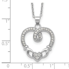 Sterling Silver Rhod-plated Claddagh Heart CZ With 1 in ext.Necklace