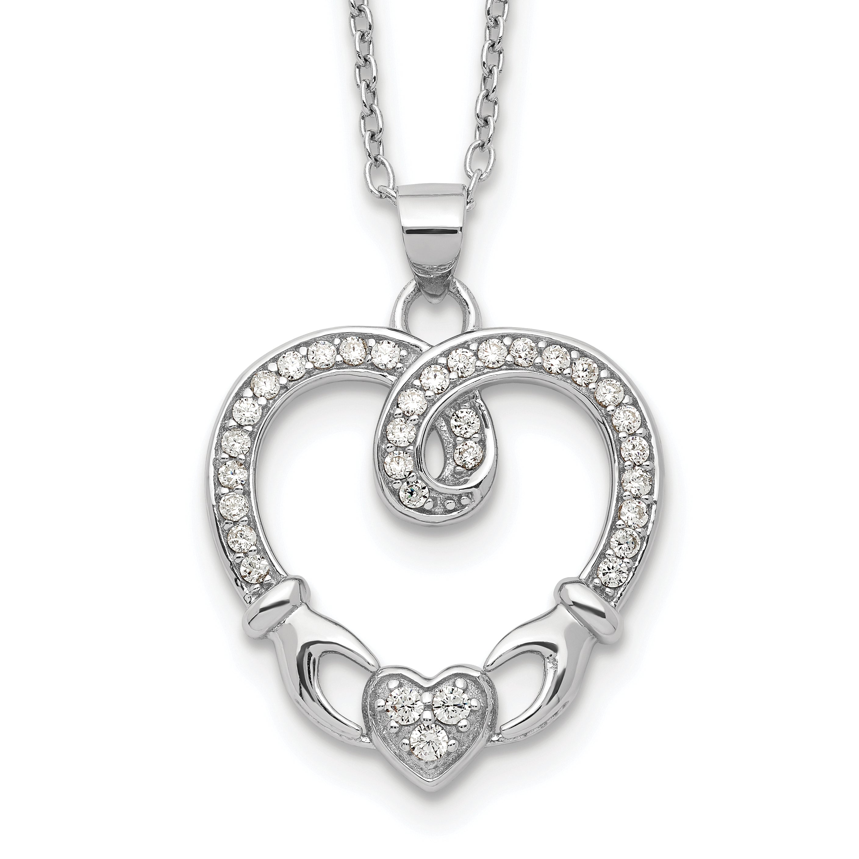 Sterling Silver Rhod-plated Claddagh Heart CZ With 1 in ext.Necklace