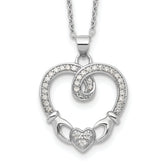 Sterling Silver Rhod-plated Claddagh Heart CZ With 1 in ext.Necklace