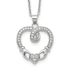 Sterling Silver Rhod-plated Claddagh Heart CZ With 1 in ext.Necklace