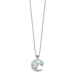Sterling Silver Blue and Clear CZ Cat and Moon Necklace