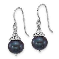 Sterling Silver Rhodium-plated 9-10mm Black Semi-Round Freshwater Cultured Pearl 18 inch Necklace and Dangle Earrings Set
