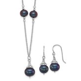 Sterling Silver Rhodium-plated 9-10mm Black Semi-Round Freshwater Cultured Pearl 18 inch Necklace and Dangle Earrings Set
