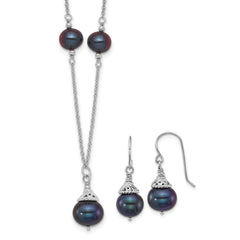 Sterling Silver Rhodium-plated 9-10mm Black Semi-Round Freshwater Cultured Pearl 18 inch Necklace and Dangle Earrings Set