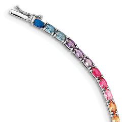 Prizma Sterling Silver Rhodium-Rhodium-Plated 7.5 inch Oval Colorful CZ Tennis Bracelet