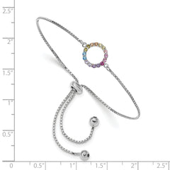 Prizma Sterling Silver Rhodium-plated Colorful CZ Open Circle Adjustable Bolo Bracelet