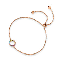 Prizma Sterling Silver Rose-tone 14K Flash Rose Gold-plated Colorful CZ Open Circle Adjustable Bolo Bracelet