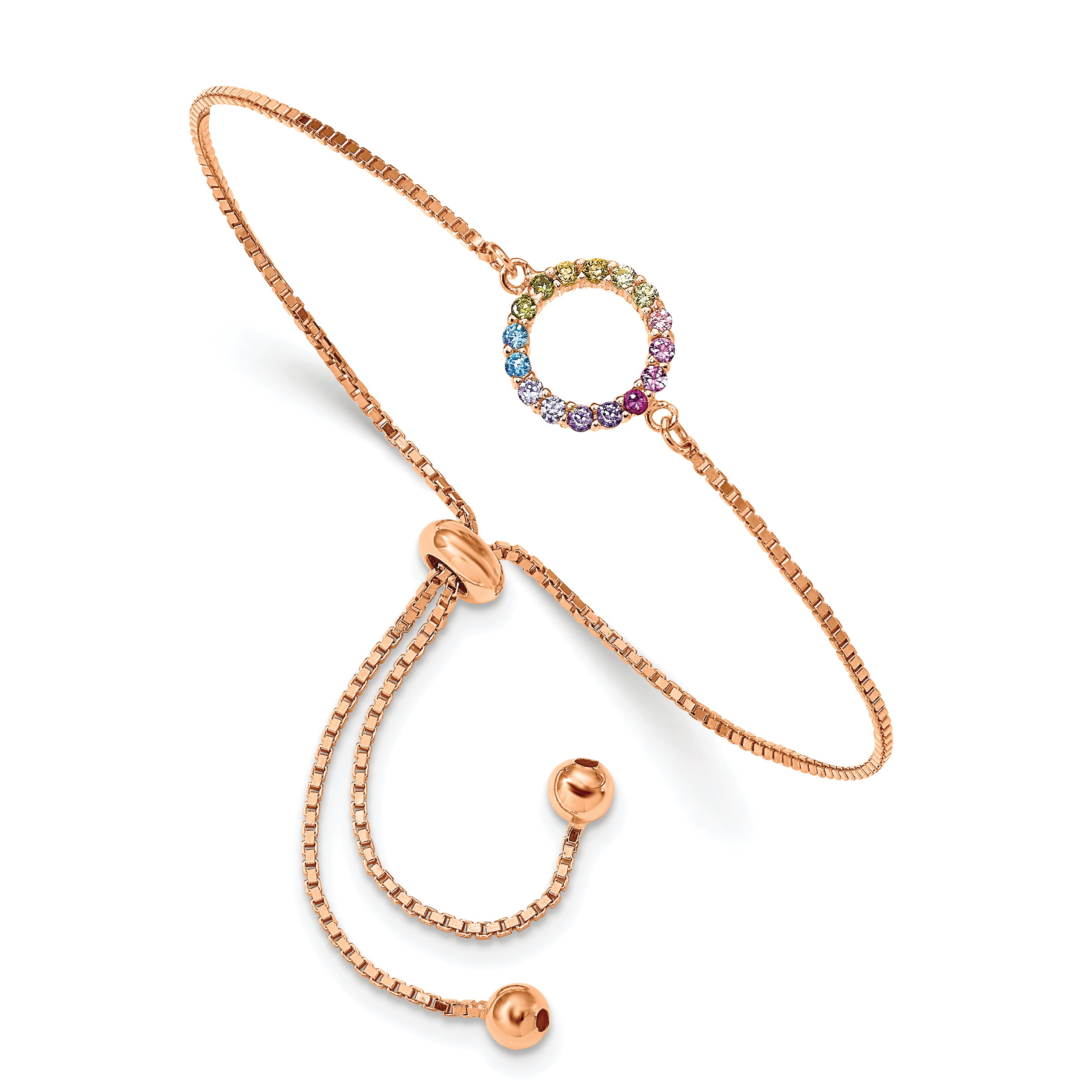 Prizma Sterling Silver Rose-tone 14K Flash Rose Gold-plated Colorful CZ Open Circle Adjustable Bolo Bracelet