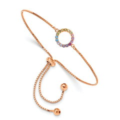 Prizma Sterling Silver Rose-tone 14K Flash Rose Gold-plated Colorful CZ Open Circle Adjustable Bolo Bracelet