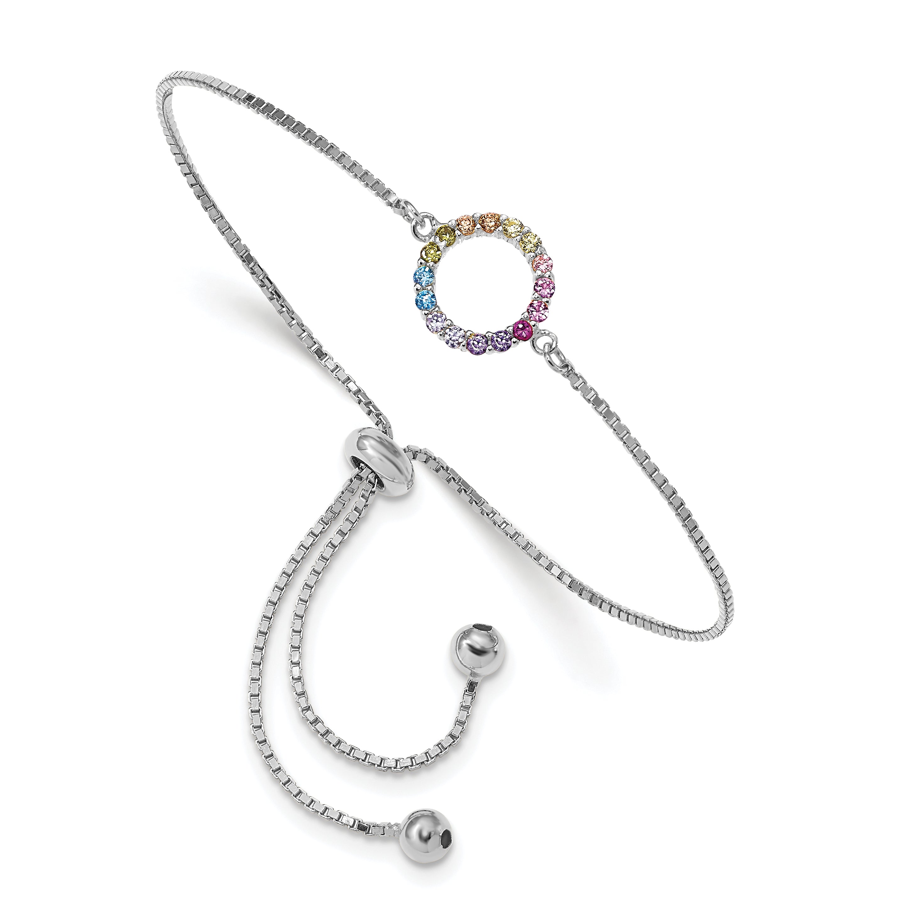 Prizma Sterling Silver Rhodium-plated Colorful CZ Open Circle Adjustable Bolo Bracelet