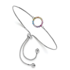 Prizma Sterling Silver Rhodium-plated Colorful CZ Open Circle Adjustable Bolo Bracelet