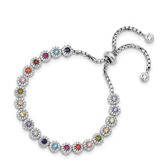 Prizma Sterling Silver Rhodium-plated White and Colorful CZ Adjustable Bolo Bracelet