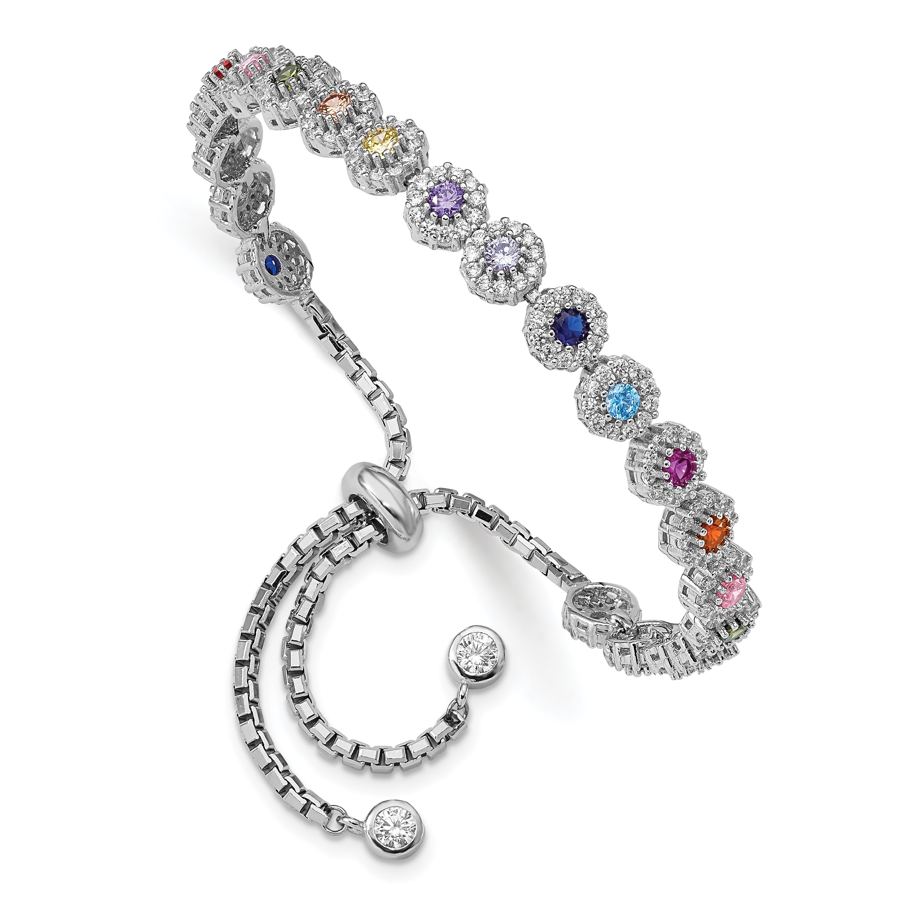 Prizma Sterling Silver Rhodium-plated White and Colorful CZ Adjustable Bolo Bracelet