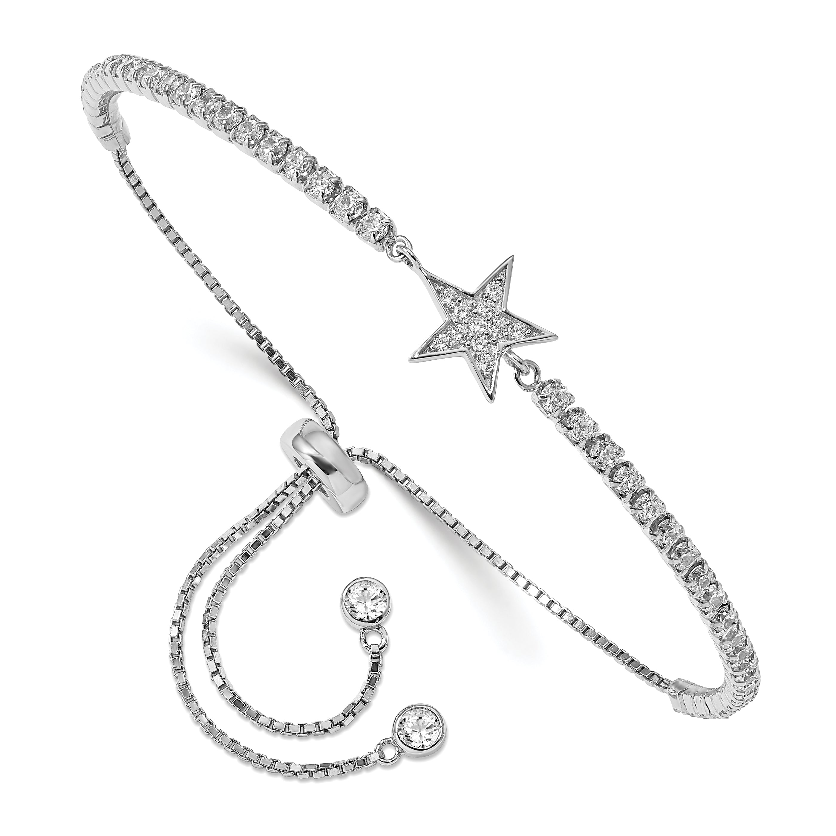 Sterling Silver Rhodium-Rhodium-Plated CZ Star Adjustable Bracelet