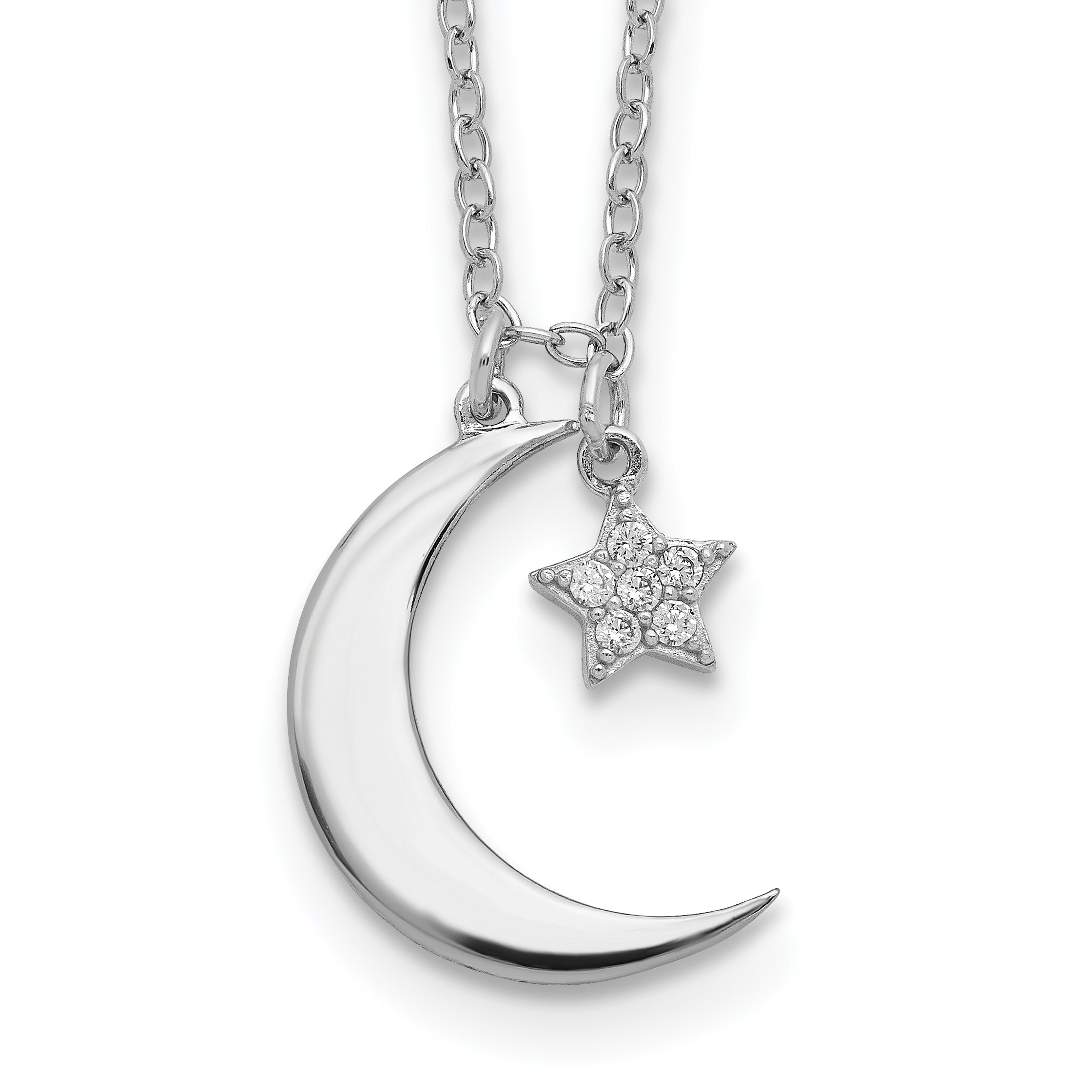 Sterling Silver Rhodium-Rhodium-Plated CZ Star and Moon w/ 2in Ext. Necklace