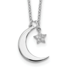 Sterling Silver Rhodium-Rhodium-Plated CZ Star and Moon w/ 2in Ext. Necklace