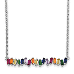 Prizma Sterling Silver Rhodium-Rhodium-Plated 16 inch Colorful CZ Bar Necklace with 2 inch Extender