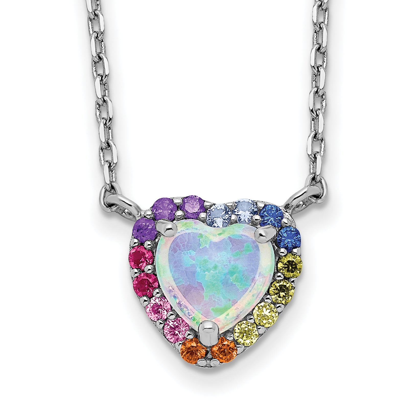 Sterling Silver Rhodium-Rhodium-Plated 16 inch Lab Created Opal and Colorful CZ Heart Necklace with 2 inch Extender