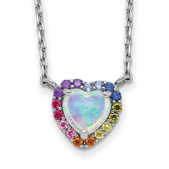 Sterling Silver Rhodium-Rhodium-Plated 16 inch Lab Created Opal and Colorful CZ Heart Necklace with 2 inch Extender