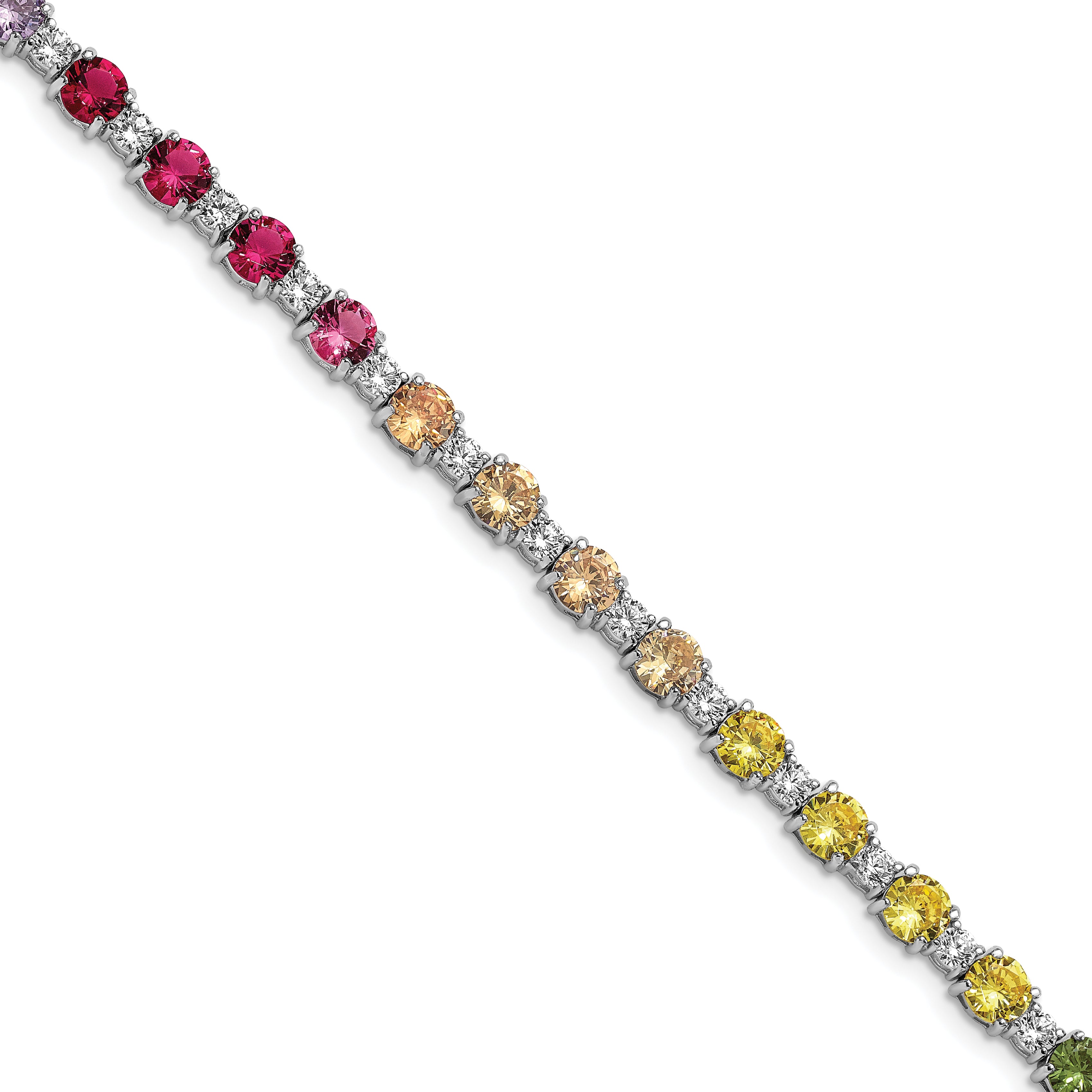 Prizma Sterling Silver Rhodium-Rhodium-Plated 7.5 inch White and Colorful Round CZ Bracelet