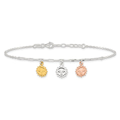 Sterling Silver Rose-tone and Gold-tone Suns 9in Plus 1in Ext. Anklet