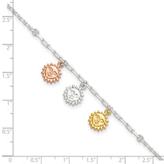 Sterling Silver Rose-tone and Gold-tone Suns 9in Plus 1in Ext. Anklet