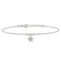 Sterling Silver CZ Star and Beads 9in Plus 1in Ext. Anklet