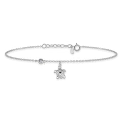 Sterling Silver Rhodium-plated Polished CZ Turtle 9 inch with an 1 inch extention Anklet