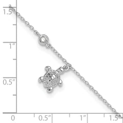 Sterling Silver Rhodium-plated Polished CZ Turtle 9 inch with an 1 inch extention Anklet