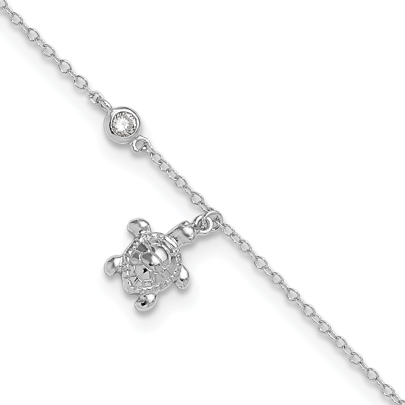 Sterling Silver Rhodium-plated Polished CZ Turtle 9 inch with an 1 inch extention Anklet