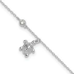 Sterling Silver Rhodium-plated Polished CZ Turtle 9 inch with an 1 inch extention Anklet