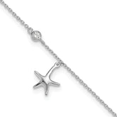 Sterling Silver Rhod-plated Polished CZ Starfish 9in Plus 1 in Ext Anklet