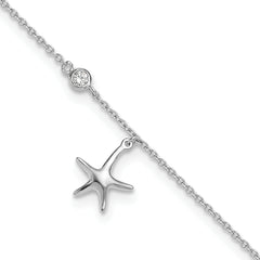 Sterling Silver Rhod-plated Polished CZ Starfish 9in Plus 1 in Ext Anklet