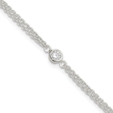 Sterling Silver Bezel CZ 2-Strand 9in Plus 1 in Ext. Anklet
