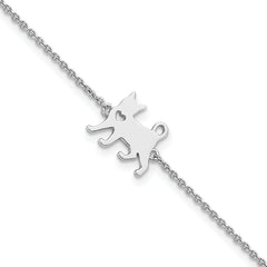 Sterling Silver Rhodium-Rhodium-Plated Cat w/Heart 7in Plus 1in ext Bracelet